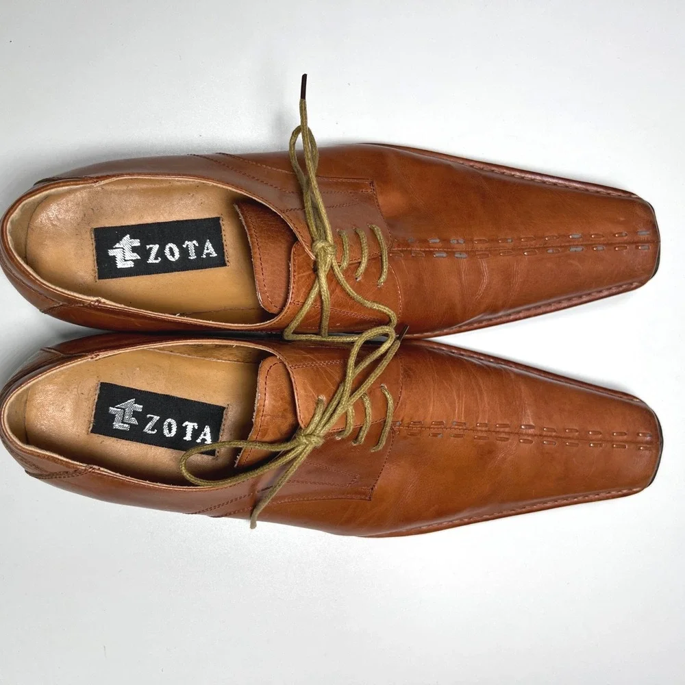 ZOTA Mens Tan Leather Square Toe Lace Up Dress‎ Shoes Size 9.5